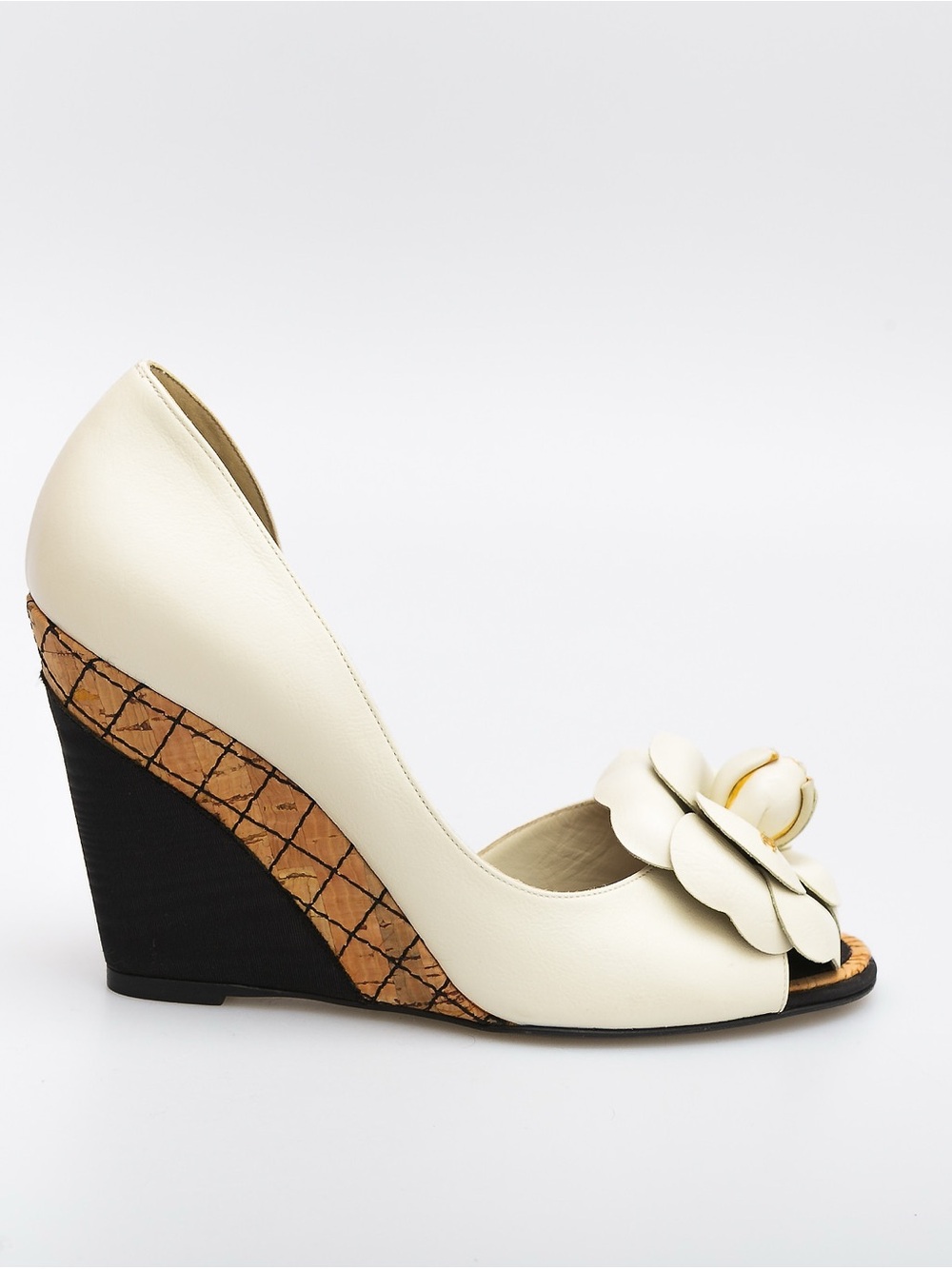 CHANEL D’Orsay Leather Floral Peep-Toe Wedge Heels
